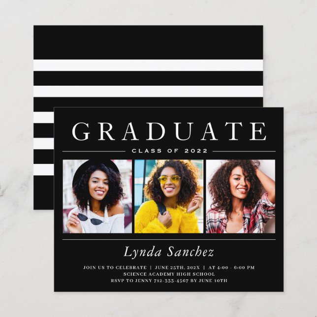Papier Black White Stripes 3 Invitations de graduation ph (Devant / Derrière)