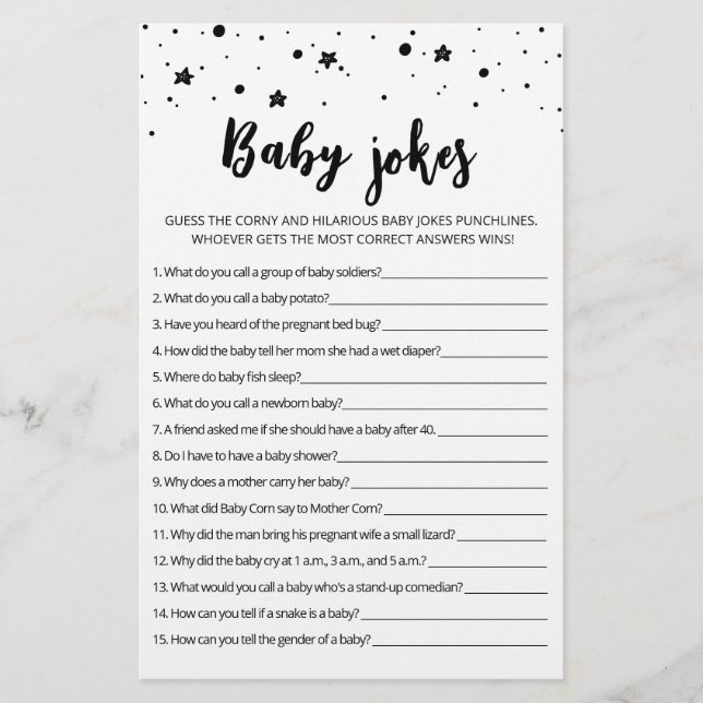 Papier Blagues de bébé Jeu de Baby Shower avec réponses (Devant)