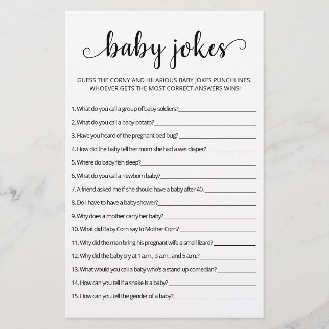 Papier Blagues de bébé Jeu de Baby Shower avec réponses (Devant)