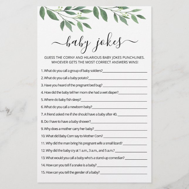 Papier Blagues de bébé Jeu de Baby Shower avec réponses (Devant)