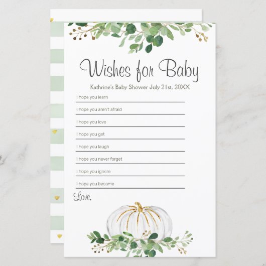 Papier Blanc Citrouille verdure Floral Voeux pour bébé (Devant / Derrière)