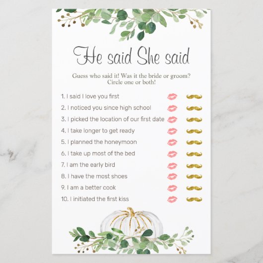 Papier Blanc Citrouille vert Floral Il a dit Elle dit (Devant)