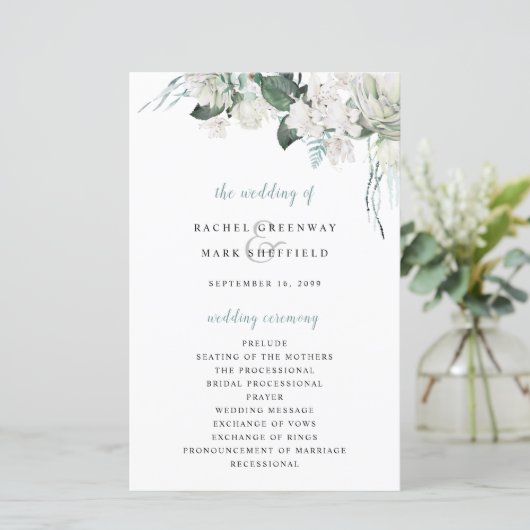 Papier Blanc Floral Dusty Blue Sage Green Wedding Program (Debout devant)