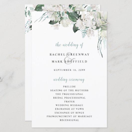 Papier Blanc Floral Dusty Blue Sage Green Wedding Program (Devant / Derrière)