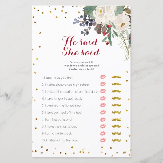 Papier Blanc Floral Noël Il a dit Elle a dit Game Card (Devant)