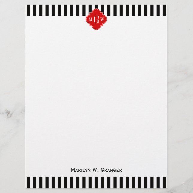 Papier Blancs Noir Rouge Quatrefoil 3 Monogramme (Devant)