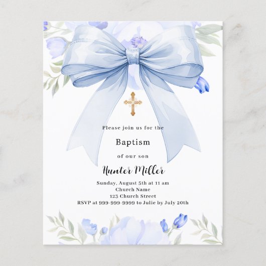 Papier Bleu arc fleurons garçon Baptême invitation (Devant)