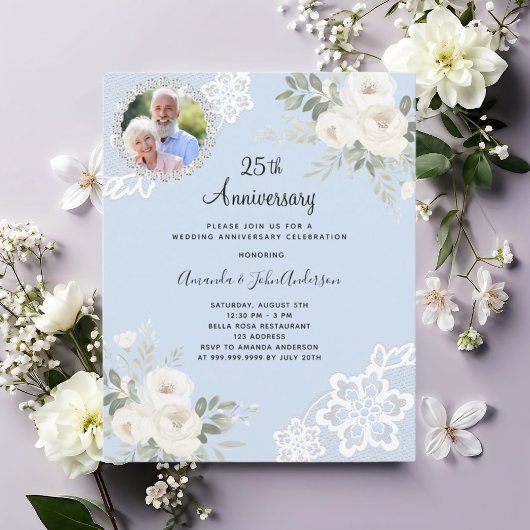 Papier Bleu blanc floral photo 25e faire-part de mariage