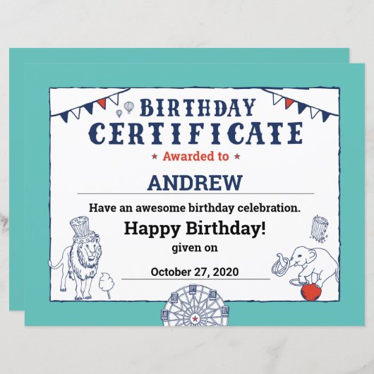 Papier Bleu Carnaval Circus Baby Birthday Certificate (Devant / Derrière)