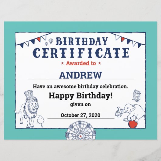 Papier Bleu Carnaval Circus Baby Birthday Certificate (Devant)
