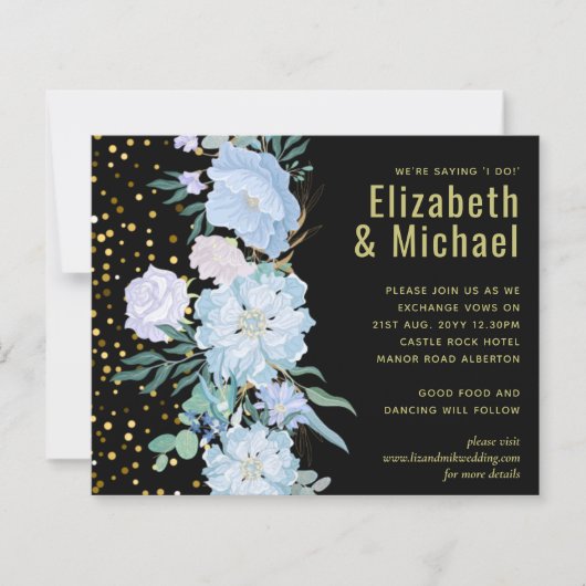Papier Bleu clair Floral Noir Moderne Budget Mariage (Devant)