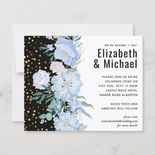 Papier Bleu clair Floral Noir Moderne Budget Mariage (Devant)