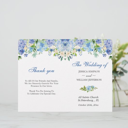 Papier Bleu clair Hydrangée Verdure Mariage plié (Debout devant)