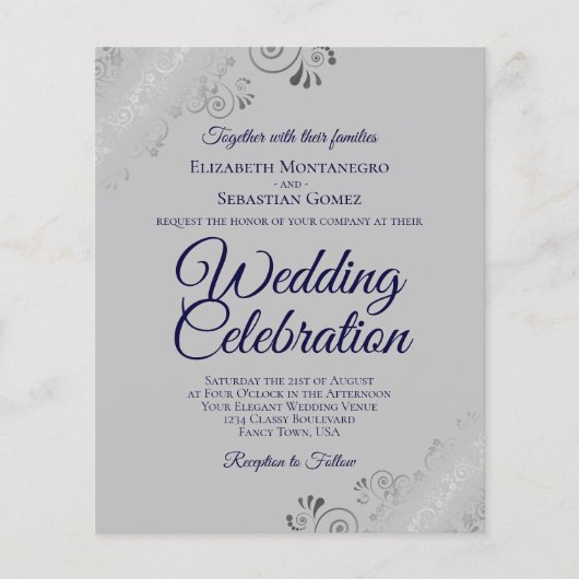 Papier Bleu de marine sur Gris Frilly Faire-part de maria (Devant)