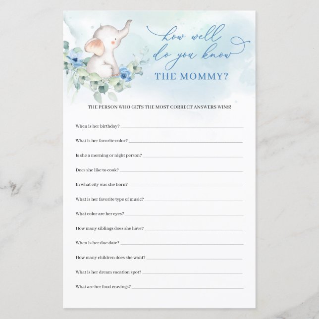 Papier Bleu d'éléphant mignon Eh bien Connaissez-vous le  (Devant)