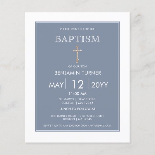 Papier Bleu Dusty | Invitation budgétaire du baptême (Devant)