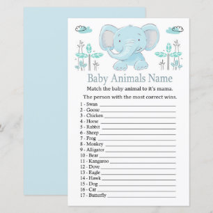 Papier Bleu éléphant Bébé Animaux Nom Jeu