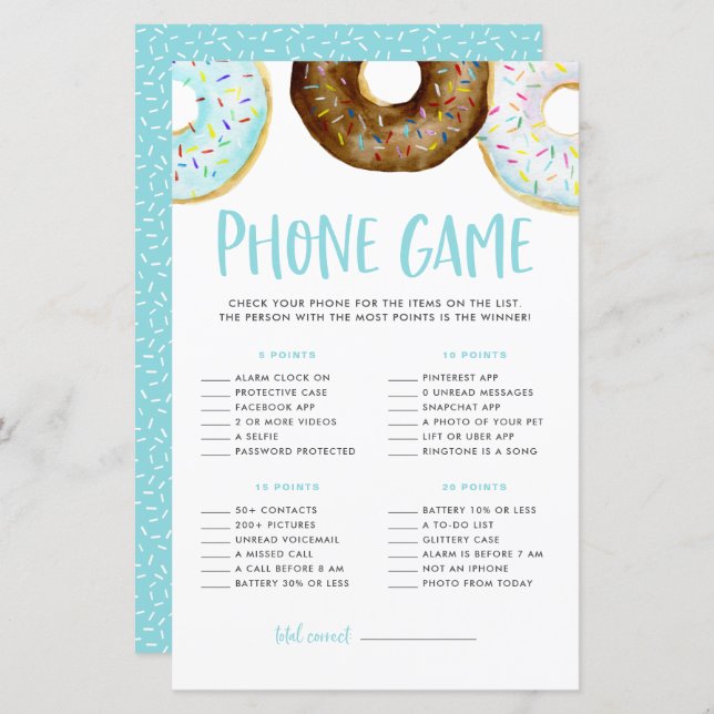 Papier Bleu et chocolat Donuts Baby shower Téléphone Jeu (Devant / Derrière)