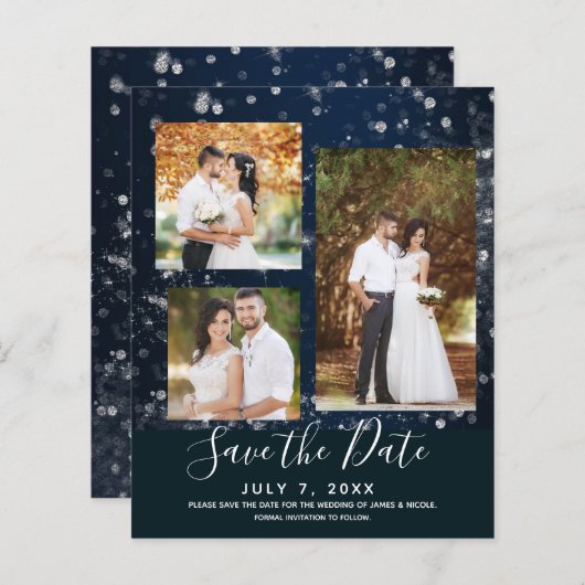 Papier Bleu étincelle Mariage Photo Enregistrer la date (Devant / Derrière)