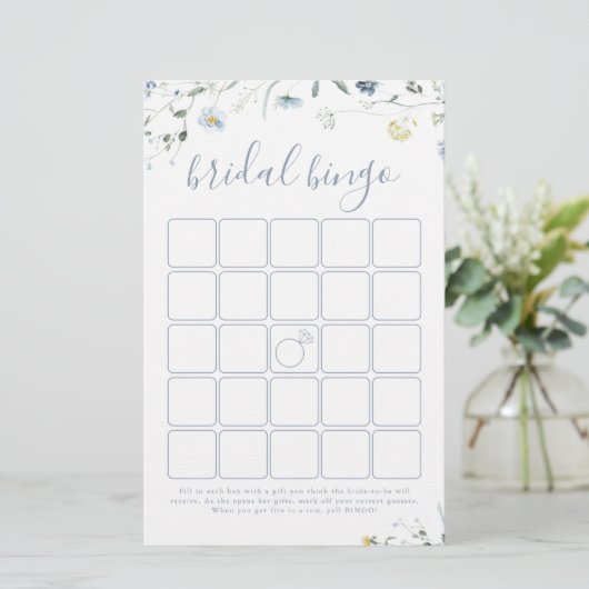 Papier Bleu Fleur sauvage Boho jeu de bingo de douche nup (Debout devant)
