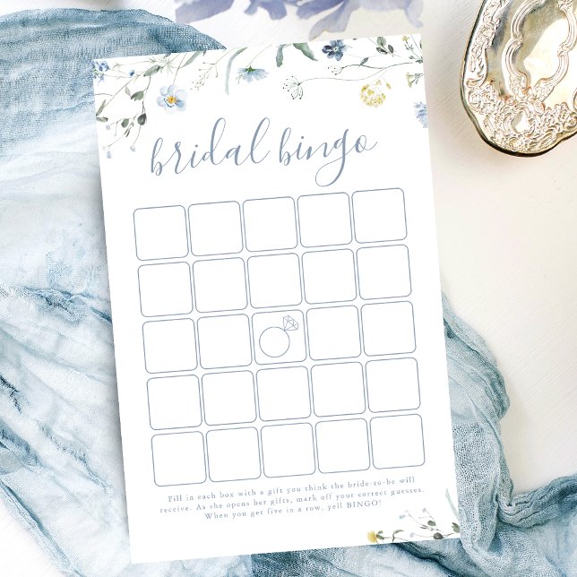 Papier Bleu Fleur sauvage Boho jeu de bingo de douche nup (Blue Wildflower Boho bridal shower bingo game)