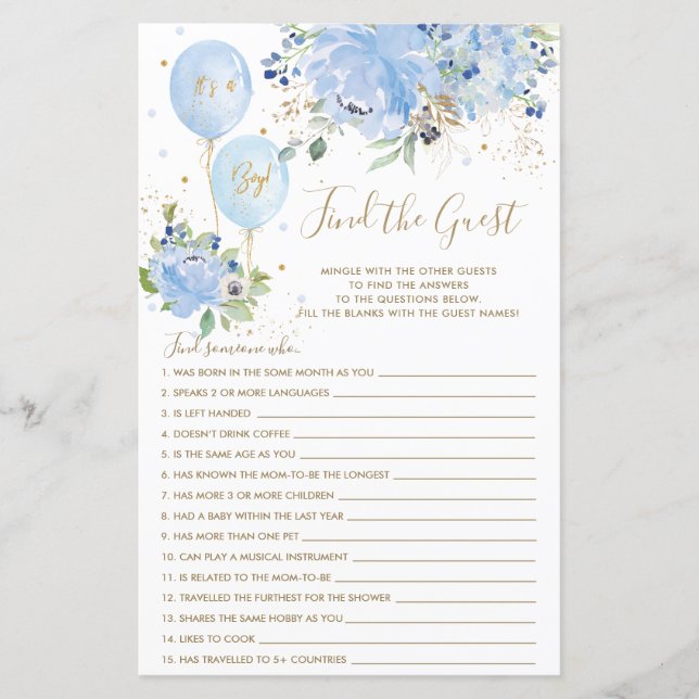 Papier Bleu Floral Balloon Trouvez le jeu du brise-glace  (Devant)