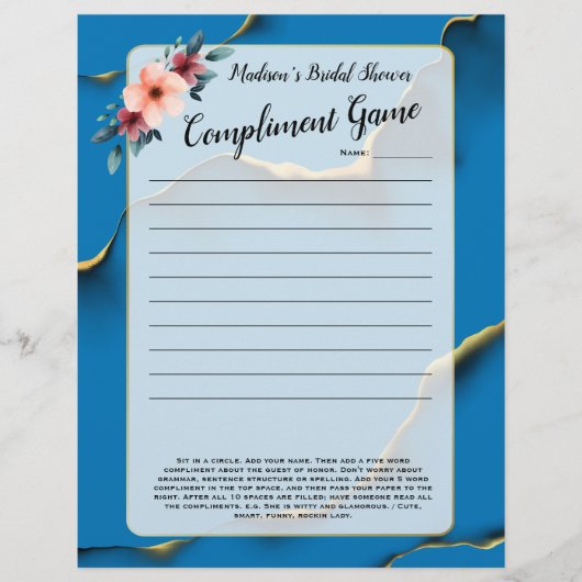 Papier Bleu Floral Fête des mariées brise-glace 💕 5 mots (Devant)