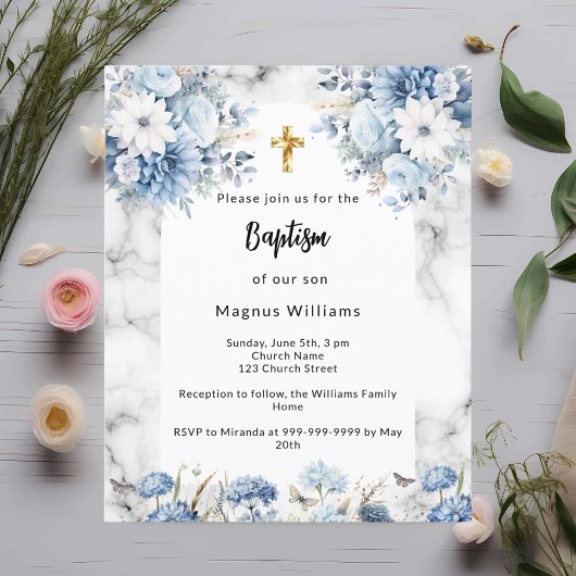 Papier Bleu flores marbre arche baptême invitation