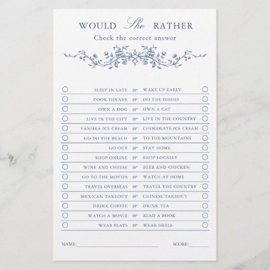 Papier Bleu Français Classique Floral 'Voudrait-Elle Plai (Devant)