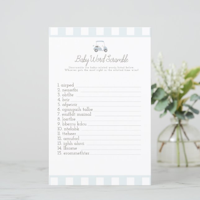 Papier Bleu golf bébé mot scrabble baby shower jeu (Debout devant)