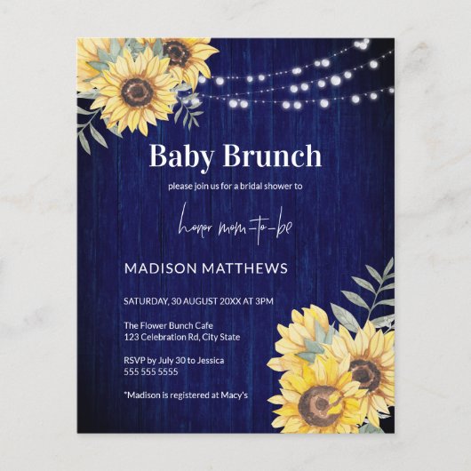 Papier Bleu Russe Baby shower de lumière de tournesol (Devant)