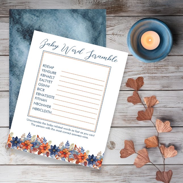 Papier Bleu Terracotta Baby shower Floral Mot Scramble (Boho Blue and Terracotta Fall |  Autumn Floral  Baby Shower "Baby Word Scramble" Game)