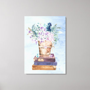 Papier bleu violet Livres et Fleurs Toile Mur Art