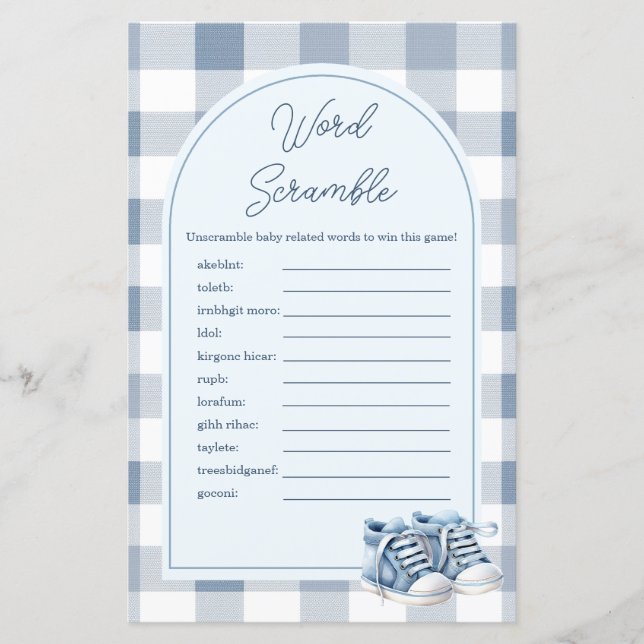 Papier Blue Baby Shoes Gingham Word Scramble Game (Devant)
