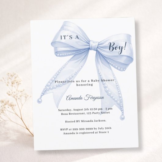 Papier Blue bow elegant pearls boy Baby Shower invitation