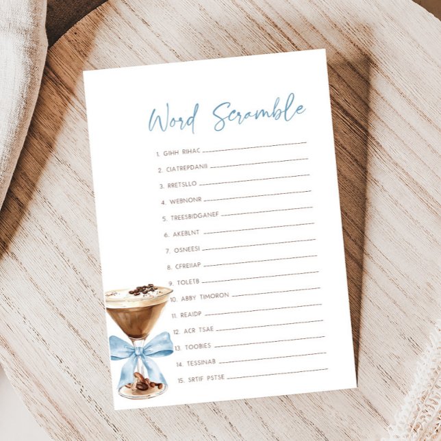 Papier Blue Bow Espresso Martini Shower Jeu de mots mêlés (Espresso Baby Shower Game)