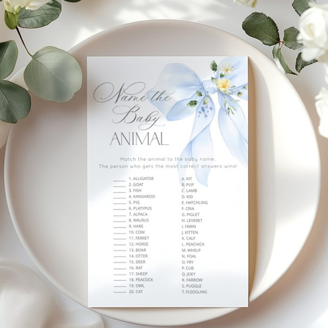 Papier Blue Bow Nom du bébé animal jeu de baby shower (Créateur téléchargé)