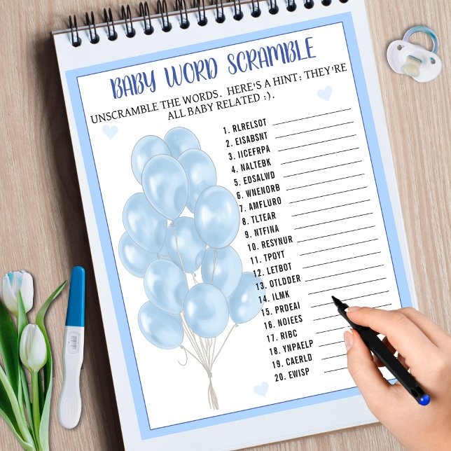 Papier Blue Boy Balloon Word Scramble Baby shower Jeu (Blue Boy Balloon Word Scramble Baby Shower Game)