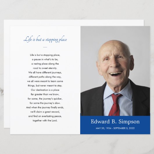 Papier Blue Celebration of Life Funeral Program Photo (Devant / Derrière)