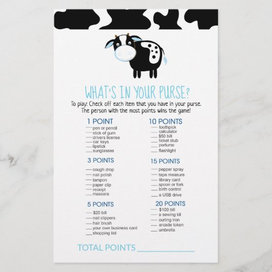 Papier Blue Dairy Cow What's in Your Purse Game (Devant)