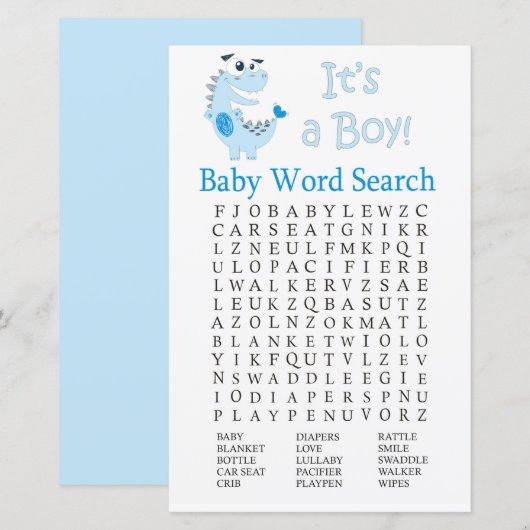 Papier Blue Dinosaur Baby shower Word Recherche Jeu (Devant / Derrière)
