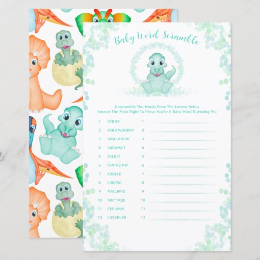 Papier Blue Dinosaur Baby Word Scramble Baby shower Jeu (Devant / Derrière)