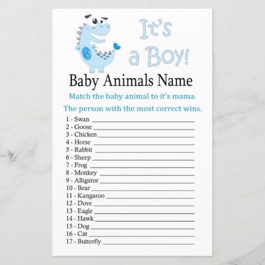 Papier Blue Dinosaur Bébé Animaux Nom Jeu (Devant)