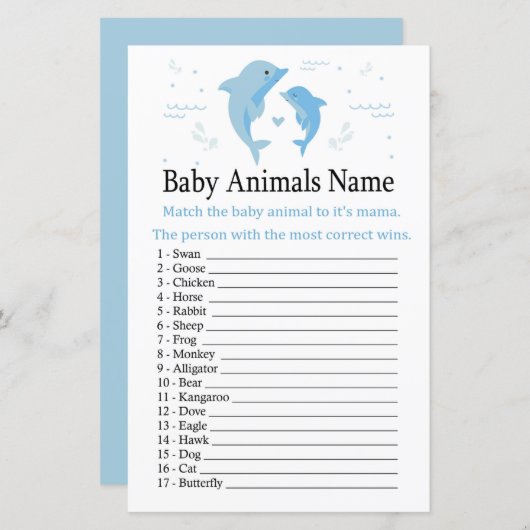 Papier Blue Dolphin Baby Animaux Nom Jeu (Devant / Derrière)