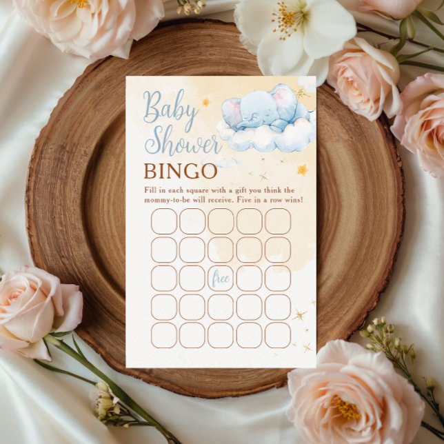 Papier Blue Elephant Baby Shower Bingo Game Card Cloud  (Créateur téléchargé)