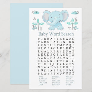 Papier Blue éléphant Baby shower Word Recherche Jeu