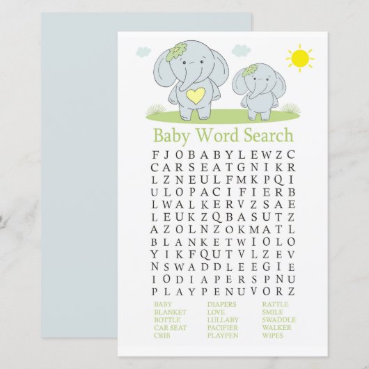 Papier Blue éléphant Baby shower Word Recherche Jeu (Devant / Derrière)
