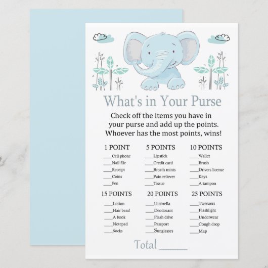 Papier Blue elephant Qu'est-ce qu'il y a dans votre sac à (Devant / Derrière)