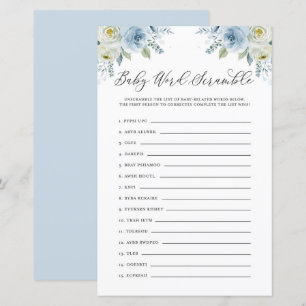 Papier Blue Floral Baby Word Scramble Baby shower Jeu