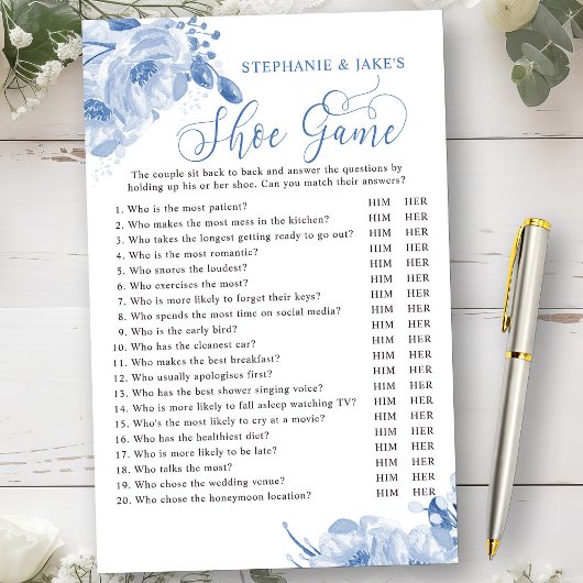 Papier Blue Floral Mariage ou Couples Douche Jeu